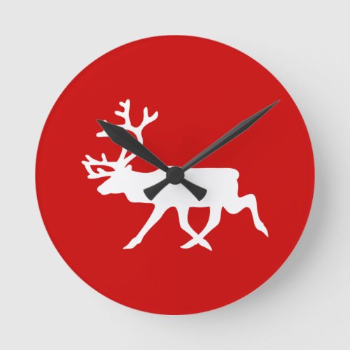 White Reindeer  Caribou Silhouette Round Clock