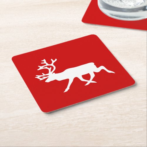 White Reindeer  Caribou Silhouette Square Paper Coaster