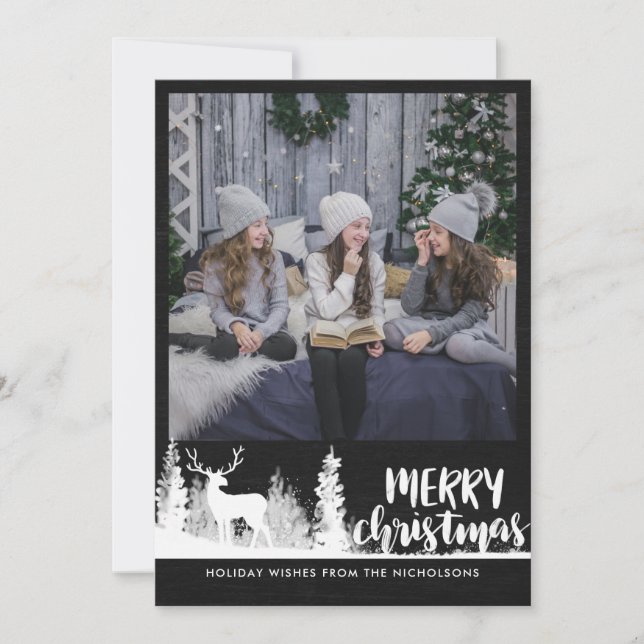 White Reindeer Chalkboard Merry Christmas Photo Holiday Card (Front)