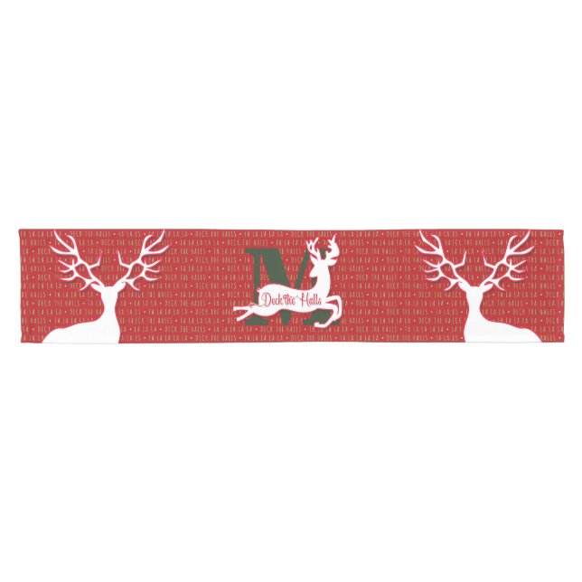 White Reindeer Deck the Halls Monogram Short Table Runner (Horizontal)