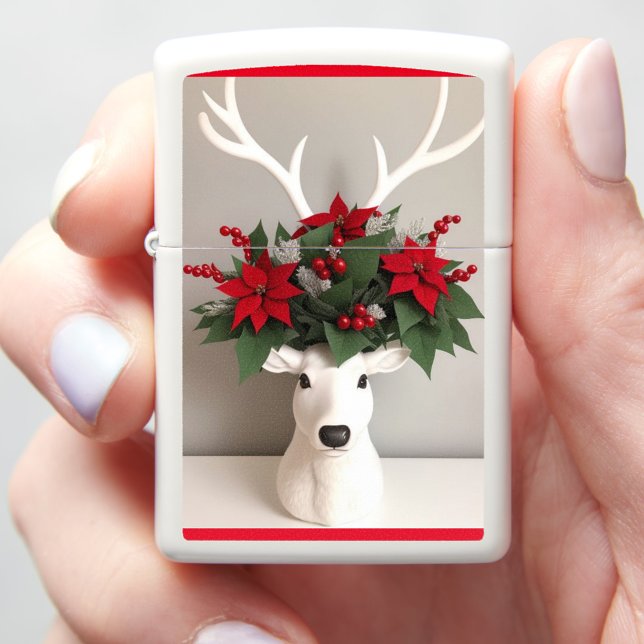 White Reindeer Head Zippo Lighter (White Reindeer Poinsettia Flowers, Long Antlers, Zippo Lighter!)