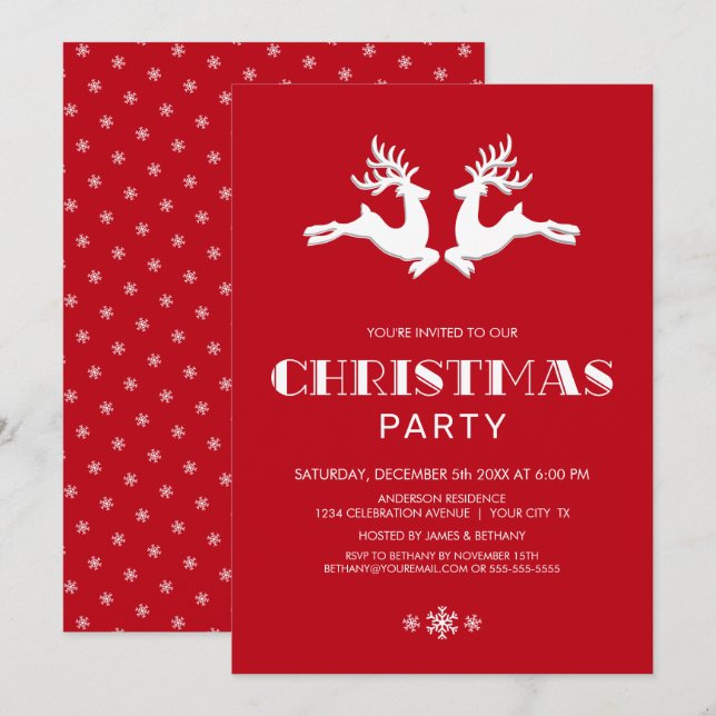 White Reindeer Red Christmas Party Invitation (Front/Back)