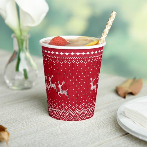 White Reindeer Red Nordic Pattern Christmas Paper Cups