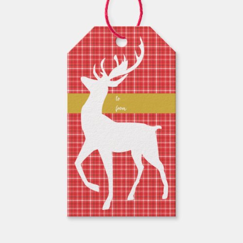White Reindeer Red Plaid Twill Merry Christmas Gift Tags