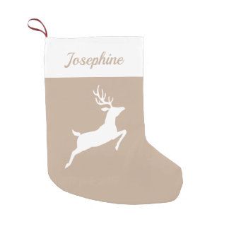 White Reindeer Silhouette On Beige And Custom Name Small Christmas Stocking
