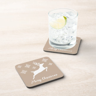 White Reindeer Silhouette On Beige With Snowflakes Beverage Coaster