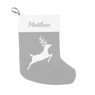White Reindeer Silhouette On Gray And Custom Name Small Christmas Stocking