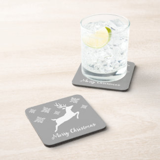 White Reindeer Silhouette On Gray With Snowflakes Beverage Coaster