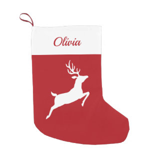 White Reindeer Silhouette On Red And Custom Name Small Christmas Stocking