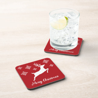 White Reindeer Silhouette On Red With Snowflakes Beverage Coaster