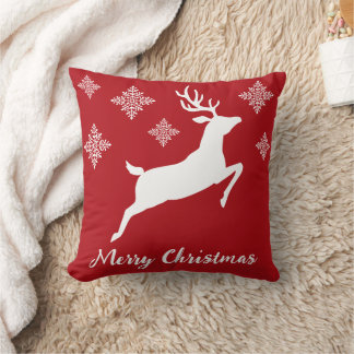 White Reindeer Silhouette On Red With Snowflakes Throw Pillow