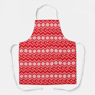 White reindeers and snowflakes on red background apron