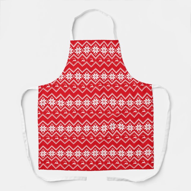 White reindeers and snowflakes on red background apron (Front)
