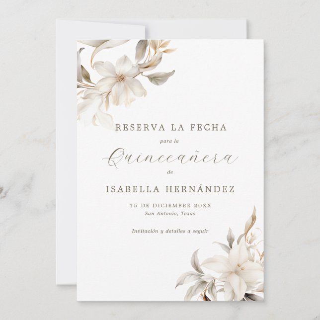White Reserva la Fecha Spanish Quinceañera Save The Date (Front)