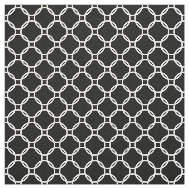 White Retro Chic Modern Circles Pattern On Black Fabric (Swatch)