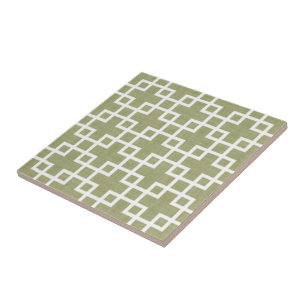 White Retro Chic Squares Pattern On Olive Green Ceramic Tile