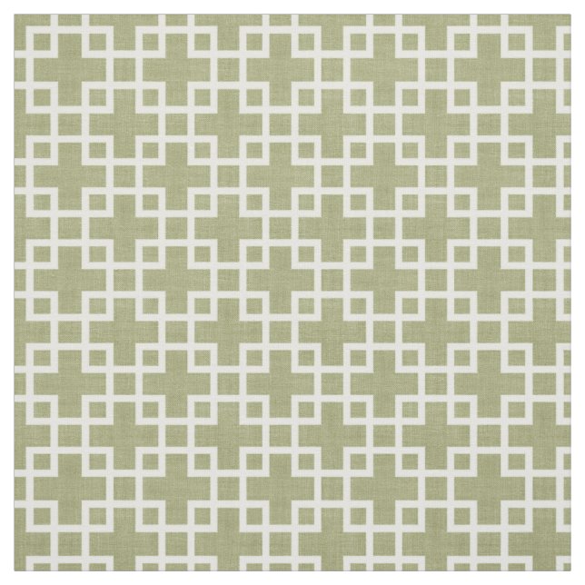 White Retro Chic Squares Pattern On Olive Green Fabric (Swatch)