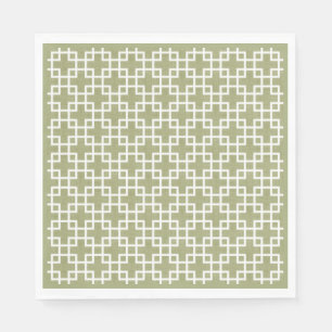 White Retro Chic Squares Pattern On Olive Green Paper Napkins