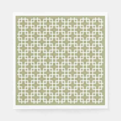 White Retro Chic Squares Pattern On Olive Green Paper Napkins
