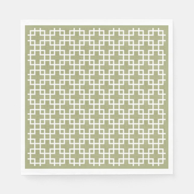 White Retro Chic Squares Pattern On Olive Green Paper Napkins (Front)