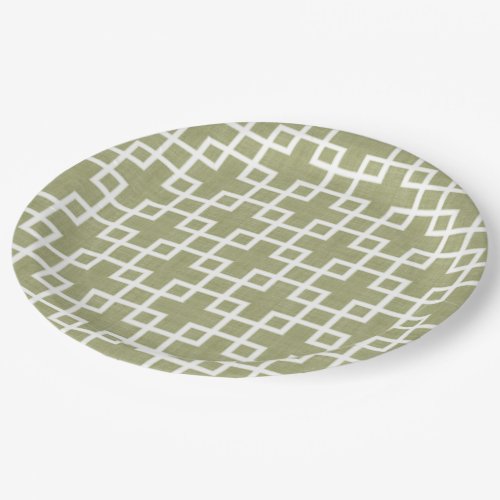 White Retro Chic Squares Pattern On Olive Green Paper Plates