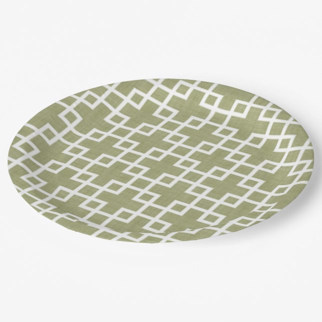 White Retro Chic Squares Pattern On Olive Green Paper Plates (Angled)