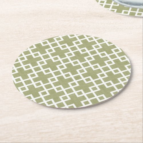 White Retro Chic Squares Pattern On Olive Green Round Paper Coaster