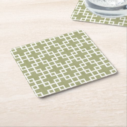 White Retro Chic Squares Pattern On Olive Green Square Paper Coaster