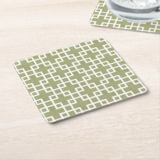 White Retro Chic Squares Pattern On Olive Green Square Paper Coaster (Angled)