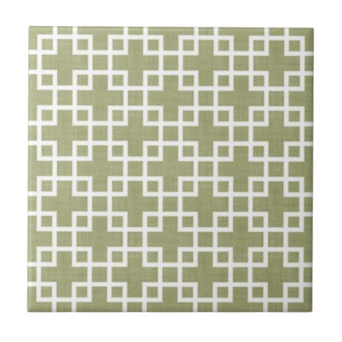 White Retro Chic Squares Pattern On Olive Green Tile