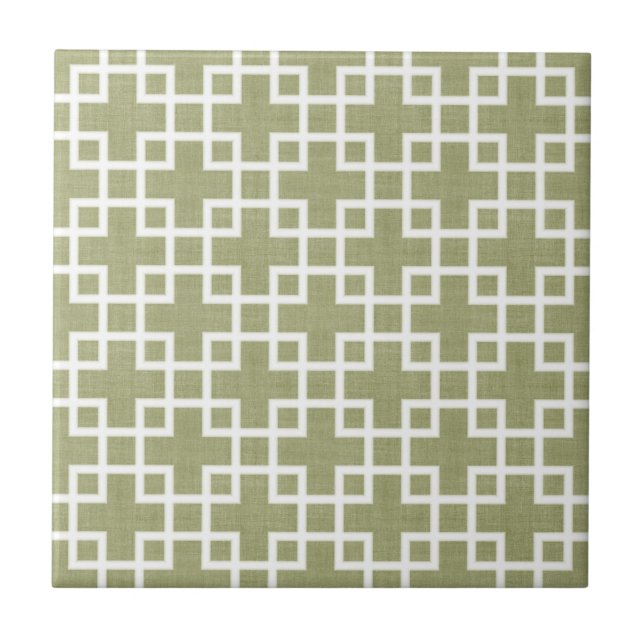 White Retro Chic Squares Pattern On Olive Green Tile (Front)