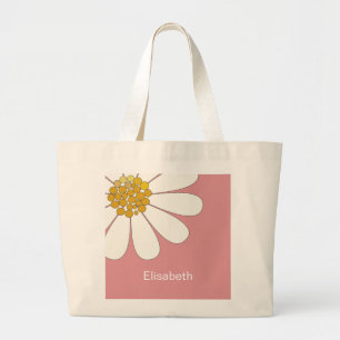 White Retro Daisy Flower Personalize Name Large Tote Bag