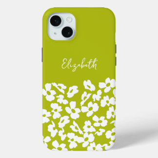 White Retro Dogwood Flowers Custom Name iPhone 15 Plus Case