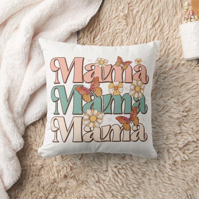 White Retro Floral Butterfly Mama Typography Throw Pillow (Blanket)