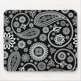 White Retro Floral Design On Black Mouse Pad