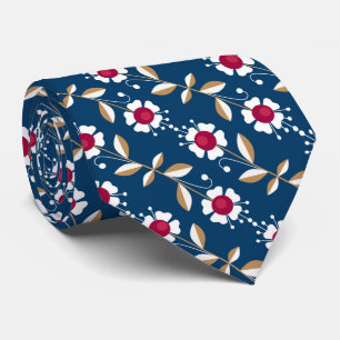  White retro flowers on a dark blue background Neck Tie