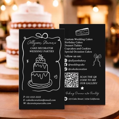 White Retro French Scribble cake decorator qr code Business Card