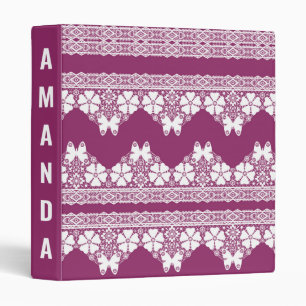 White Retro Lace butterflies Burgundy 3 Ring Binder