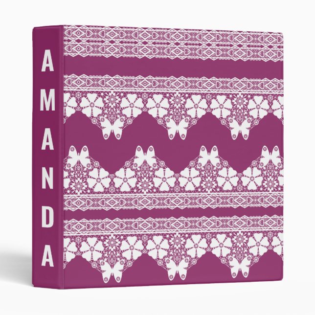 White Retro Lace  butterflies Burgundy 3 Ring Binder (Front/Spine)