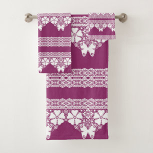 White Retro Lace butterflies Burgundy Bath Towel Set