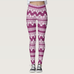 White Retro Lace butterflies Burgundy Leggings