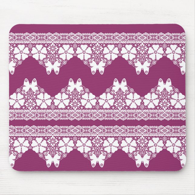 White Retro Lace  butterflies Burgundy Mouse Pad (Front)