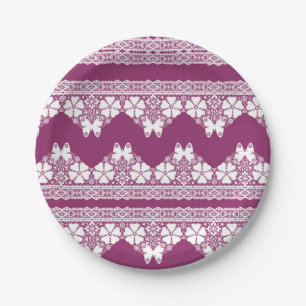 White Retro Lace butterflies Burgundy Paper Plates
