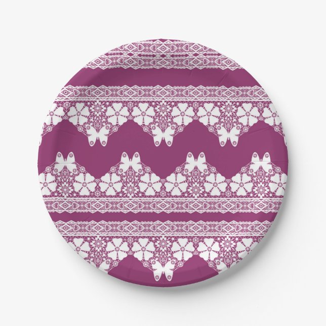 White Retro Lace  butterflies Burgundy Paper Plates (Front)