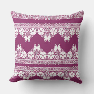 White Retro Lace  butterflies Burgundy Throw Pillow