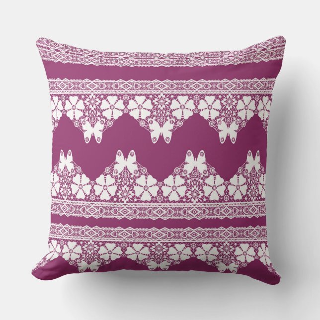 White Retro Lace  butterflies Burgundy Throw Pillow (Front)