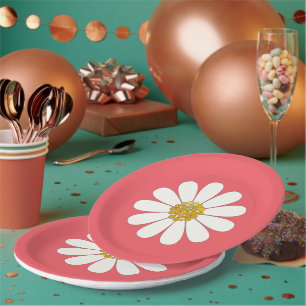 White Retro Modern Daisy Flower Birthday Party Paper Plates