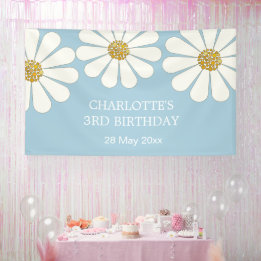 White Retro Modern Daisy Flower Custom Birthday Banner
