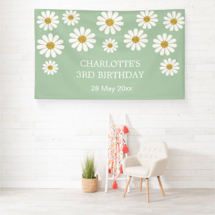 White Retro Modern Daisy Flower Custom Birthday Banner