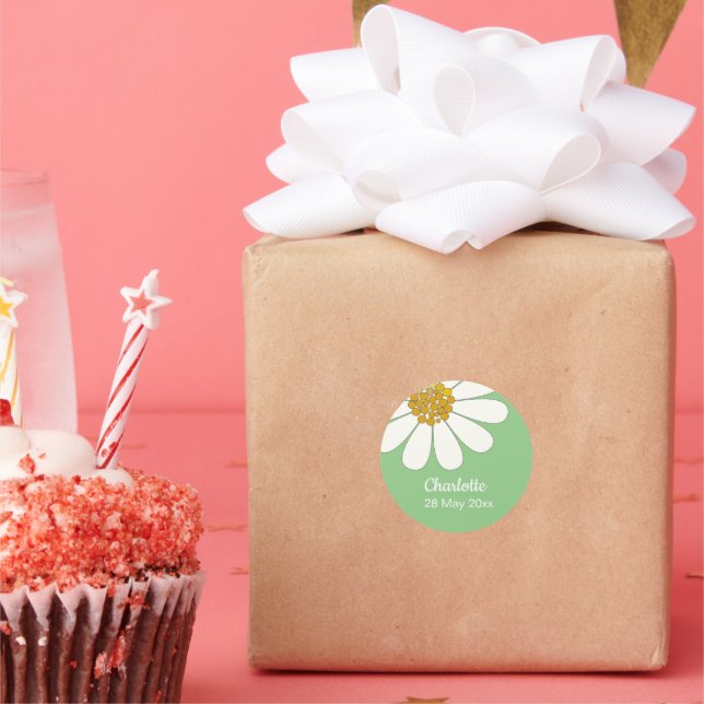 White Retro Modern Daisy Flower Custom Birthday    Classic Round Sticker (Party)